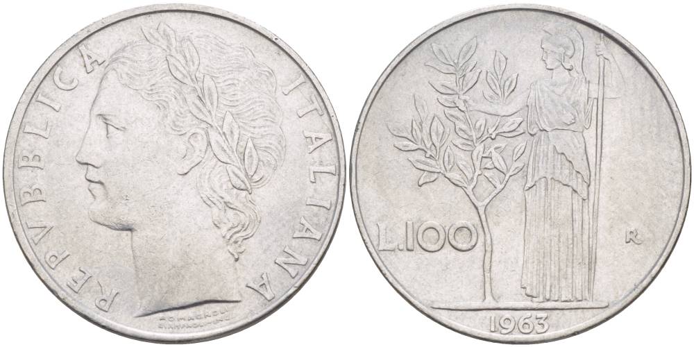 ИТАЛИЯ 100 ЛИР 1963 R, АФИНА У ОЛИВКОВОГО ДЕРЕВА KM 96.1 нержавеющая сталь 4545-632