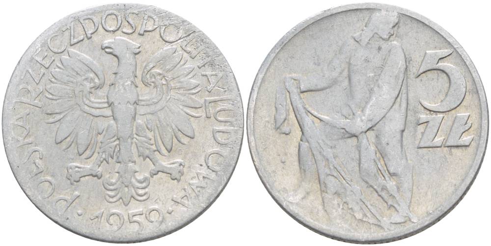 Польша 5 злотых 1959 MW, рыбак KM 47 алюминий 4542-945