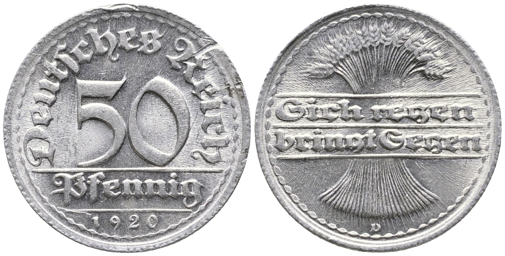 ГЕРМАНИЯ 50 ПФЕННИГОВ 1920 D KM 27, J. 301 алюминий UNC 24-936