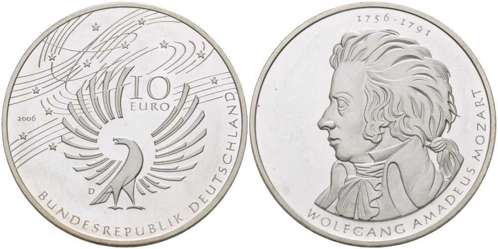 ФРГ 10 евро 2006 D, 250 лет со дня рождения Вольфганга Амадея Моцарта KM 248, DE.S. 10.29 серебро PROOF 413-314