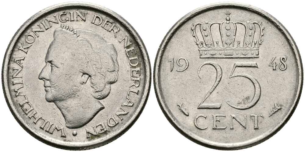 Нидерланды 25 центов 1948 Вильгельмина (1890-1948) KM 178 никель 96-115