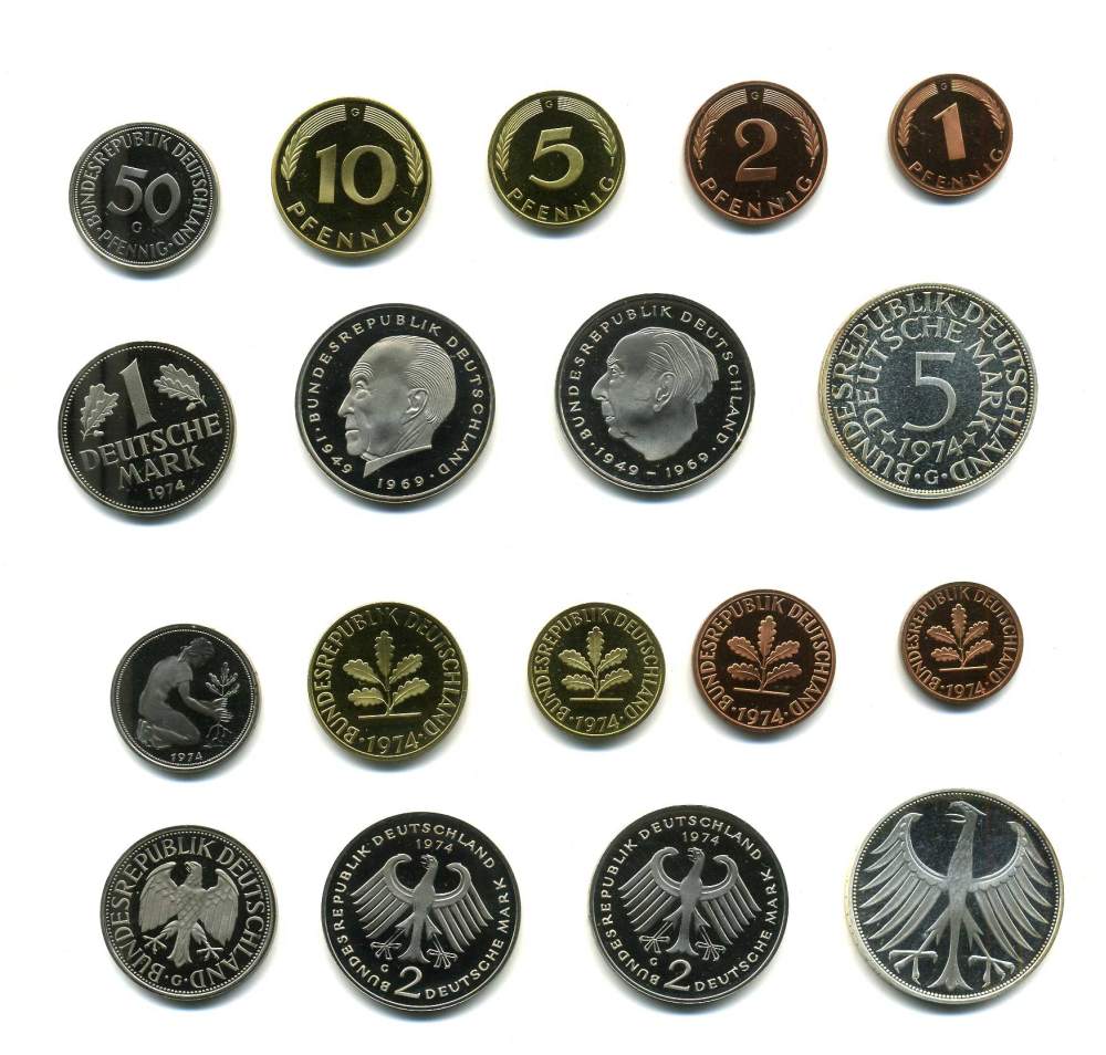 ФРГ набор из 9 монет 1974 G (1, 2, 5, 10, 50 пфеннигов, 1, 2, 2, 5 марок), 5 марок серебро PROOF N5-01