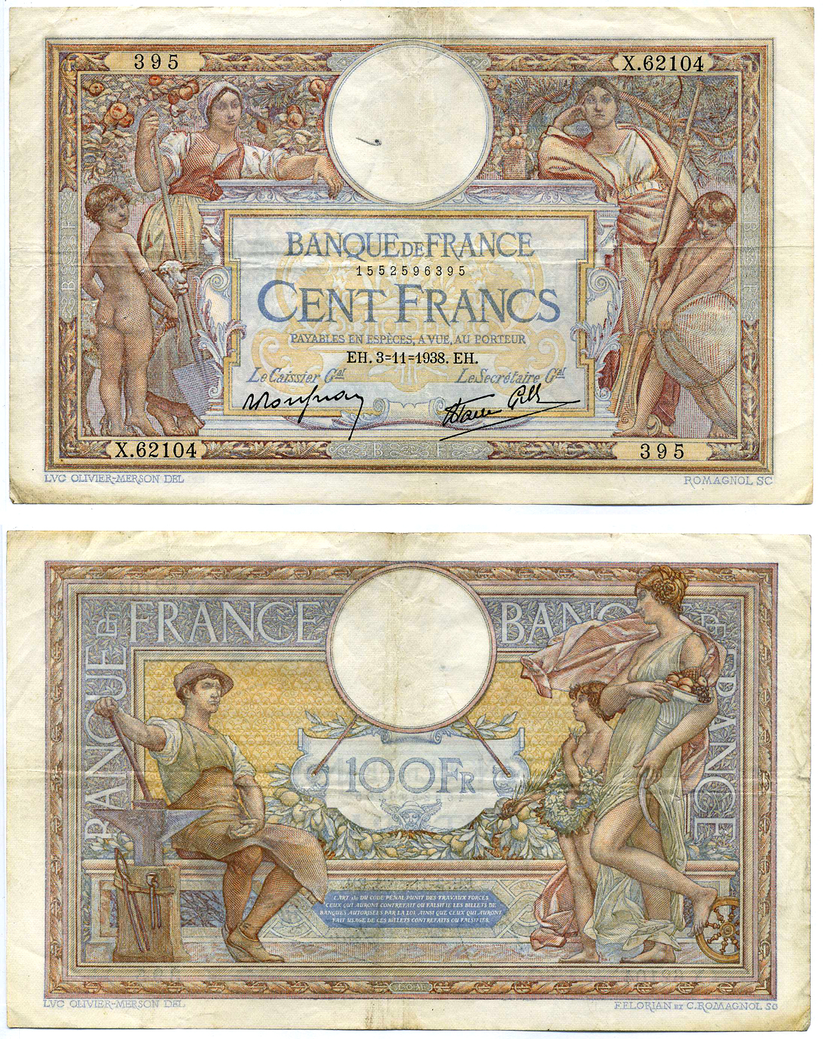 ФРАНЦИЯ 100 ФРАНКОВ 1938 3 НОЯБРЯ 1938 Pick 86b бумага 6287-48-2-1