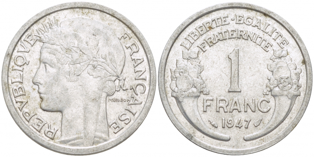ФРАНЦИЯ 1 ФРАНК 1947 KM 885а.1 алюминий 4402-917