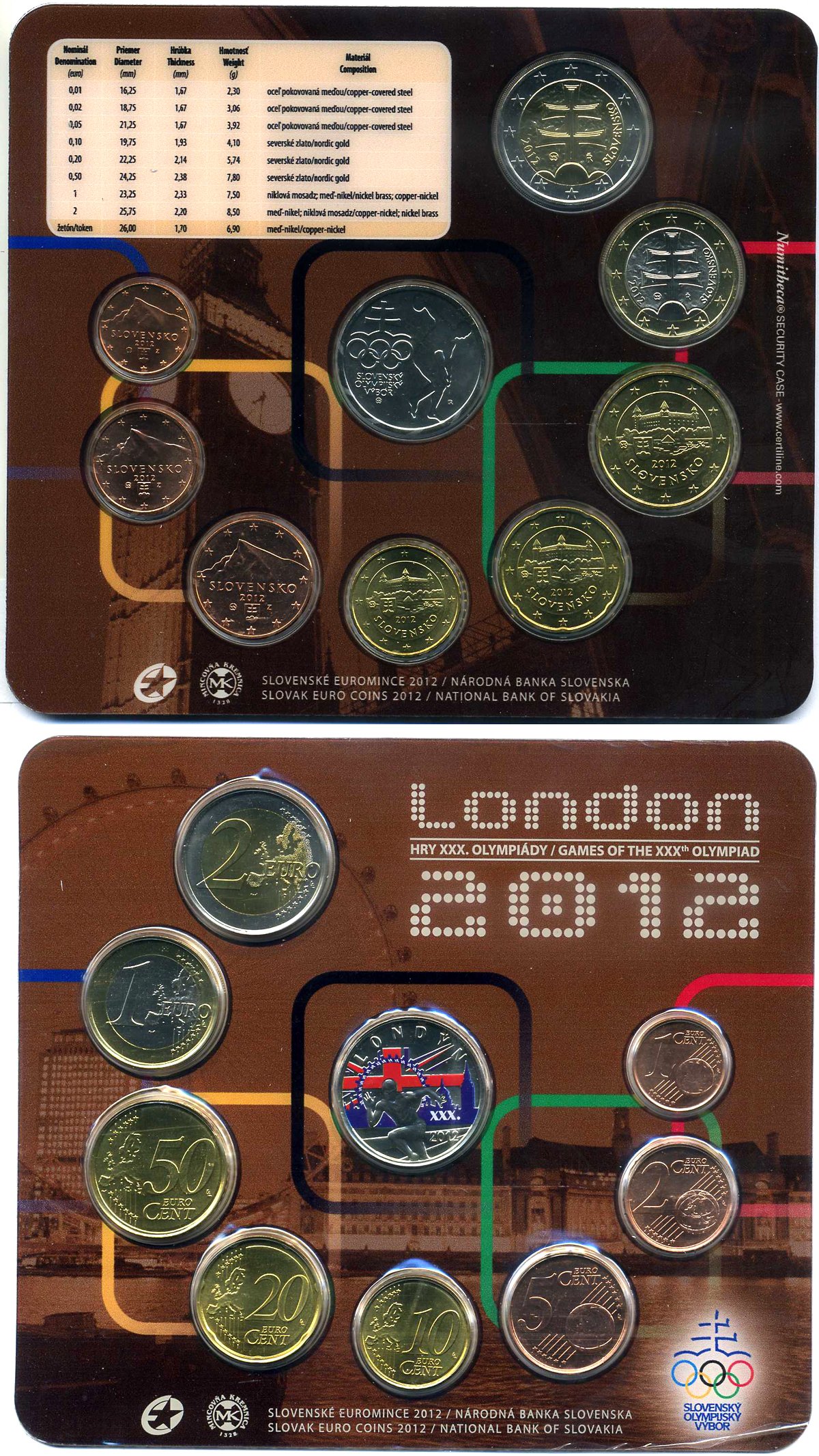 Словакия евронабор из 8 монет плюс жетон 2012 летние олимпийские игры в Лондоне, жетон с цветной эмалью, 1, 2, 5, 10, 20, 50 евроцентов, 1, 2 евро, пластик, запайка, буклет BUNC 3-4-8-19
