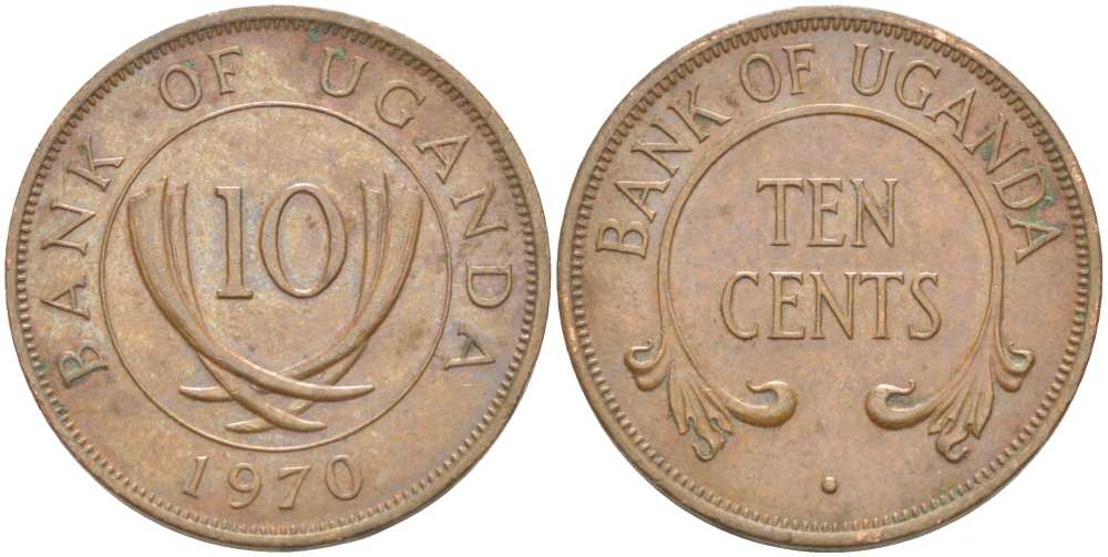 УГАНДА 10 ЦЕНТОВ 1970 KM 2 бронза 4513-732