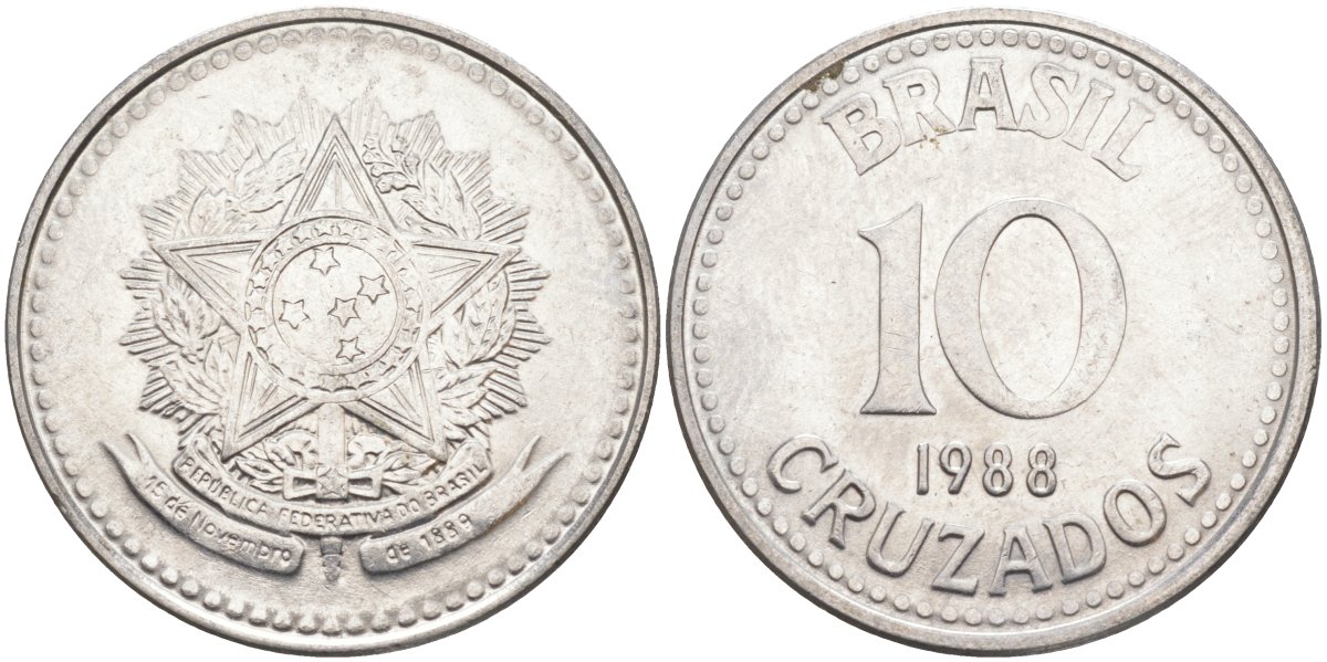 Бразилия 10 крузадо 1988 реформа 1986-1989 KM 607 нержавеющая сталь 219-833