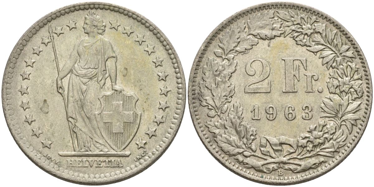 Швейцария 2 франка 1963 KM 21 серебро 4607-544