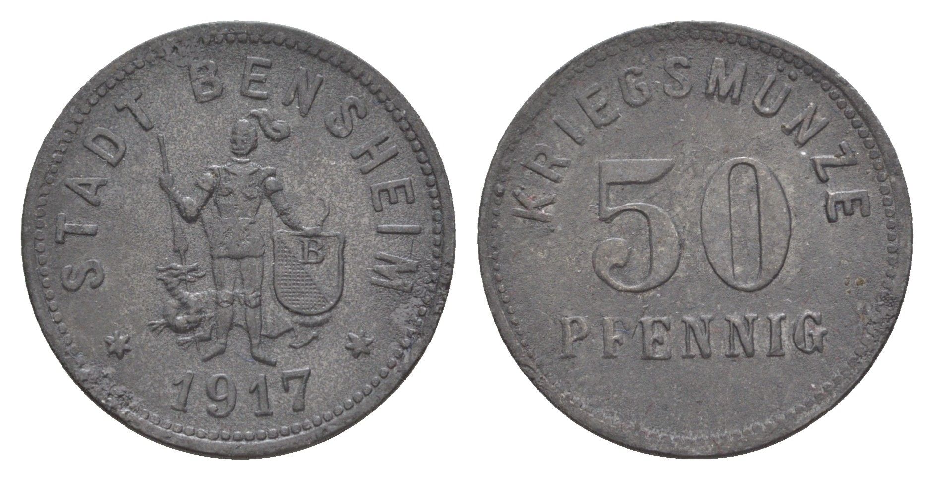 Бенсхайм 50 пфеннигов 1917 Funck 34.4, Men05 1739.5, Men18 2245.5 цинк 4637-1212