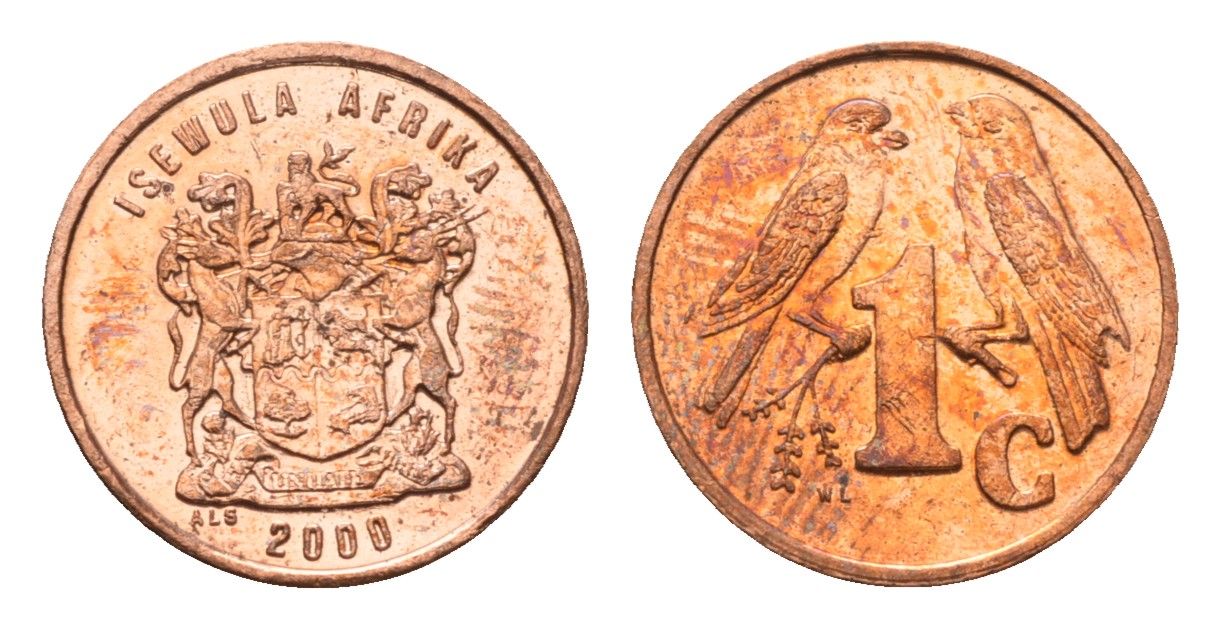 ЮАР 1 цент 2000 герб, капские воробьи KM 170 сталь плакированная медью UNC 4694-145