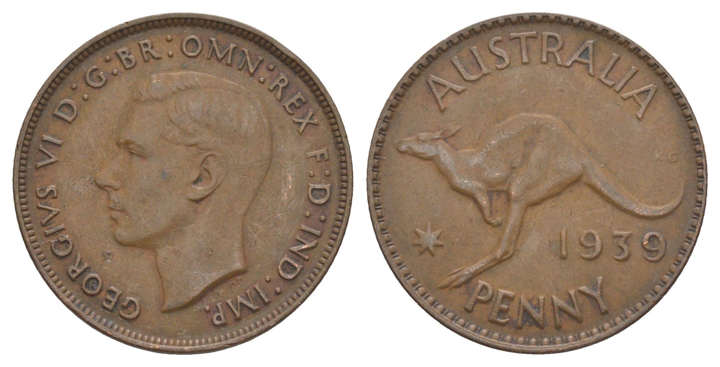 Австралия 1 пенни 1939 Георг VI (1936-1952), кенгуру KM 36 бронза 88-1036