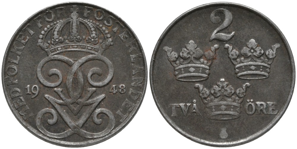 Швеция 2 эре 1948 Густав V (1907-1950) KM 811 железо 63-956
