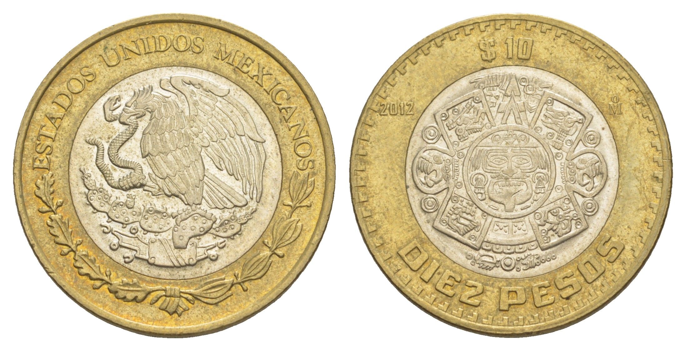 Мексика 10 песо 2012 Мо, бог Тонатиуха с огненной маской KM 616 биметалл aUNC 4637-731