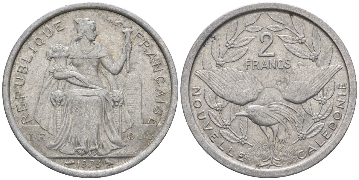 Французская Новая Каледония 2 франка 1973 птица кагу, (IEOM) KM 14, Schoen 11, Lec 57 алюминий    27-353