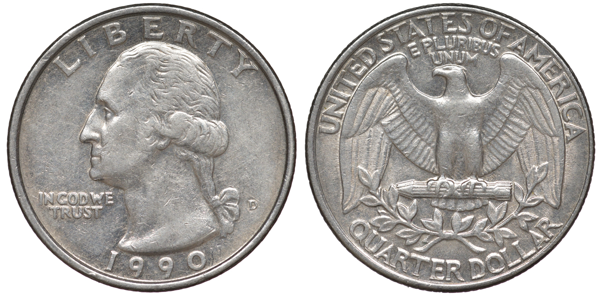 США 25 центов = квотер 1990 D, Вашингтон KM A164a медь плакированная медно-никелем 4543-1244