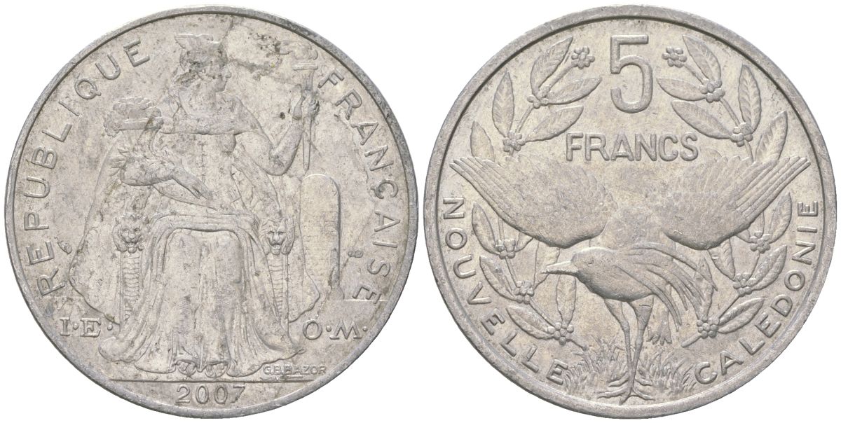 Французская Новая Каледония 5 франков 2007 птица кагу, (IEOM) KM 16, Schoen 12, Lec 81k алюминий 215-312