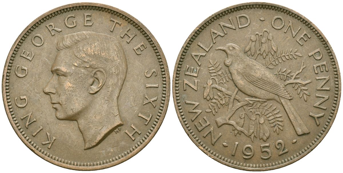 Новая Зеландия 1 пенни 1952 Георг VI (1936-1952), новозеландский туи KM 21 бронза 4557-341