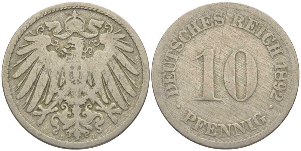 ГЕРМАНИЯ 10 ПФЕННИГОВ 1892 D KM 12, J. 13 медно-никель 4401-927