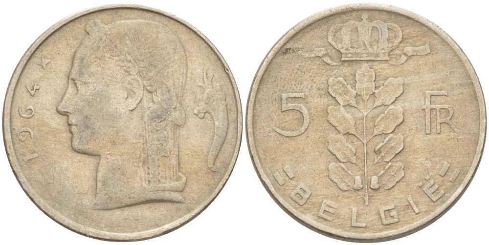 Бельгия 5 франков 1964 Belgie, Бодуэн I (1951-1993) KM 135.1 медно-никель 202-1155