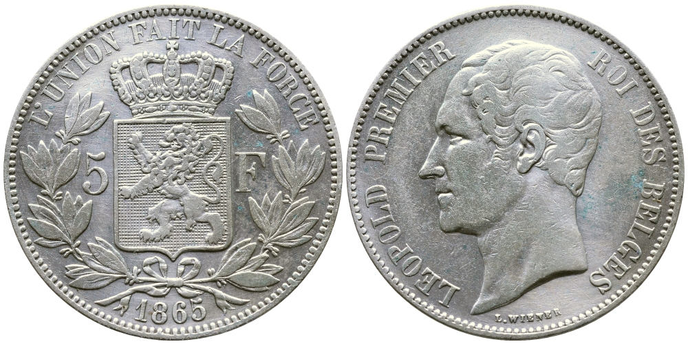 Бельгия 5 франков 1865 Леопольд I (1831-1865) KM 17 серебро 00-1067-6-14