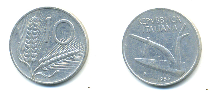 ИТАЛИЯ 10 ЛИР 1954 R, ПЛУГ KM 93 алюминий 3999-1245