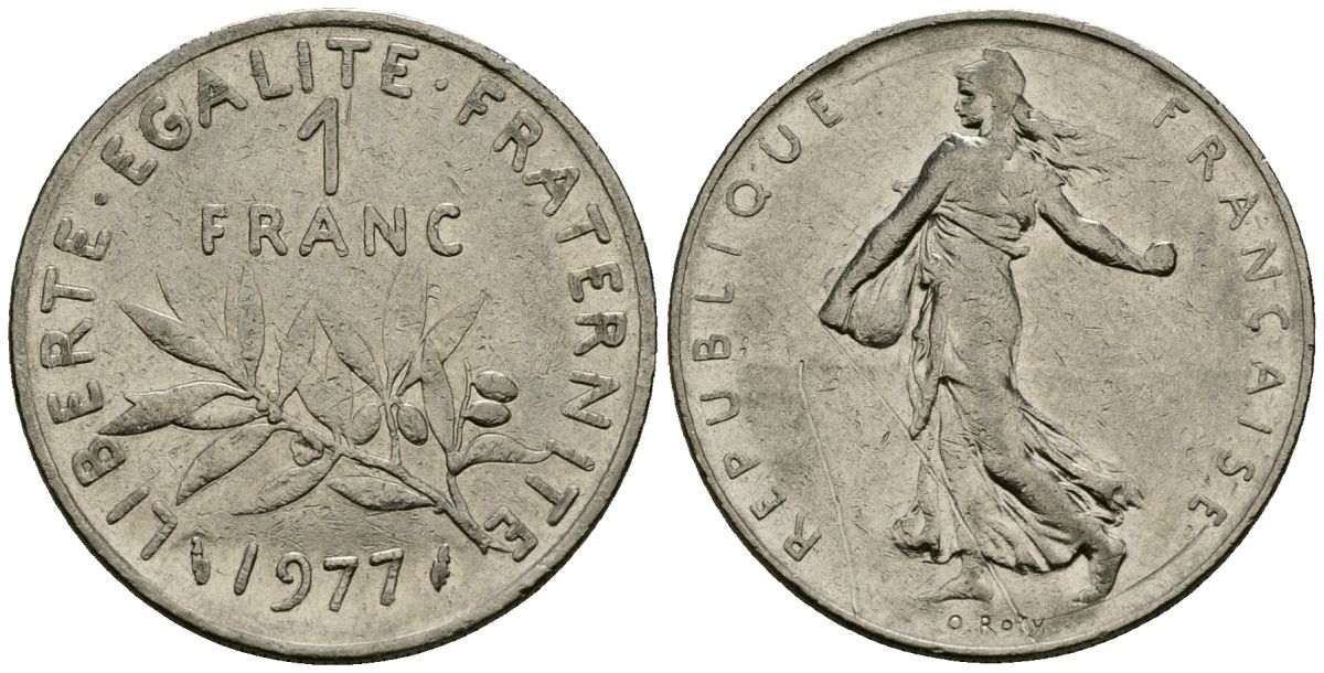 Франция 1 франк 1977 сеятель KM 925 никель 4135-857