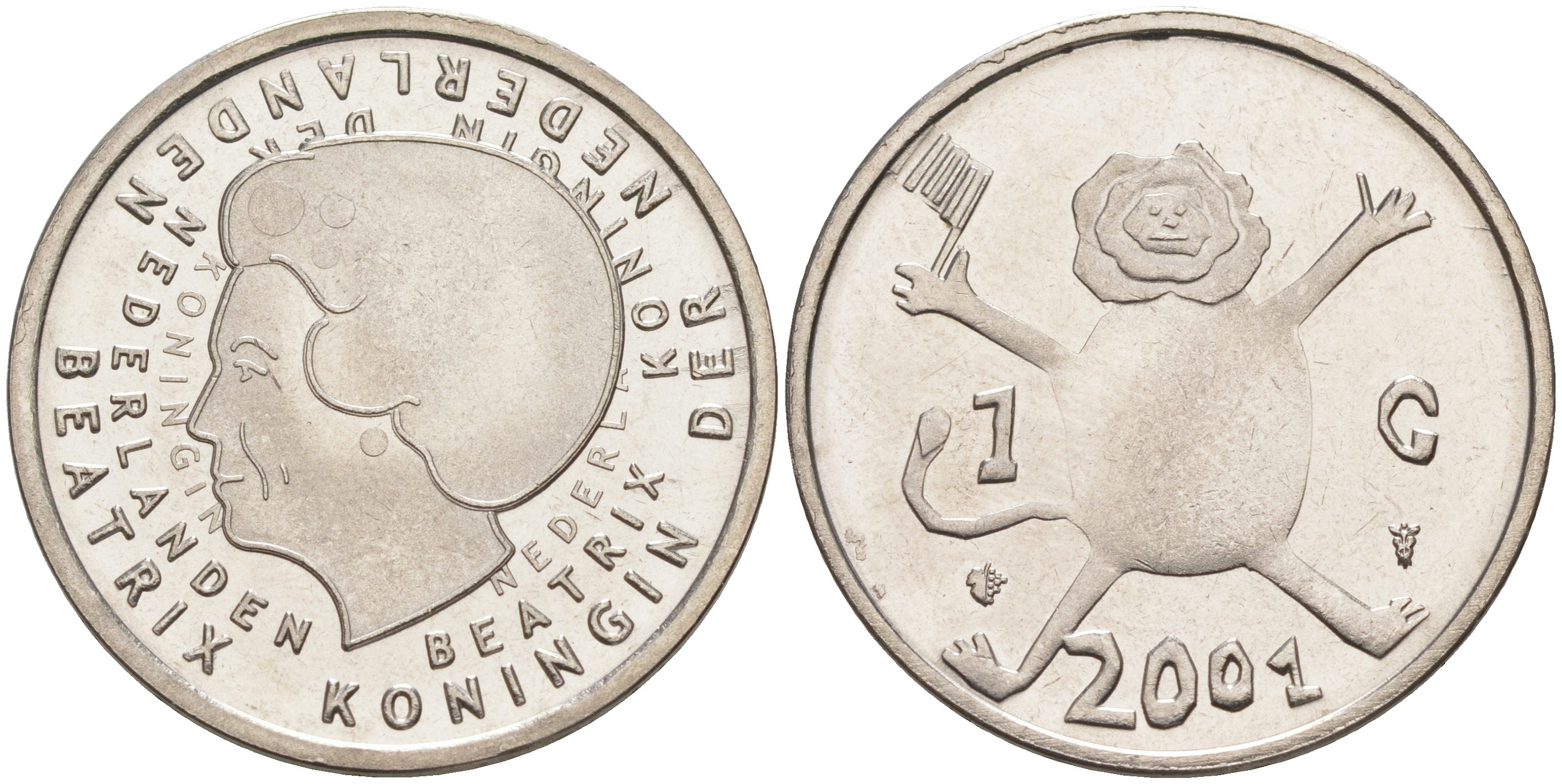 Нидерланды 1 гульден 2001 прощай гульден, детский рисунок, лев с флагом в руках KM 233 никель UNC 106-327