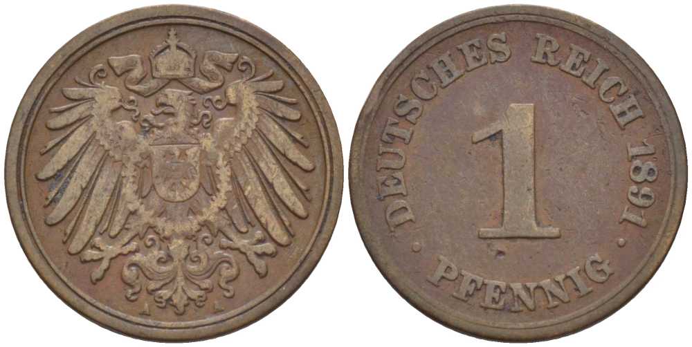 ГЕРМАНИЯ 1 ПФЕННИГ 1891 A KM 10, J. 10, Weege 2 медь 211-143