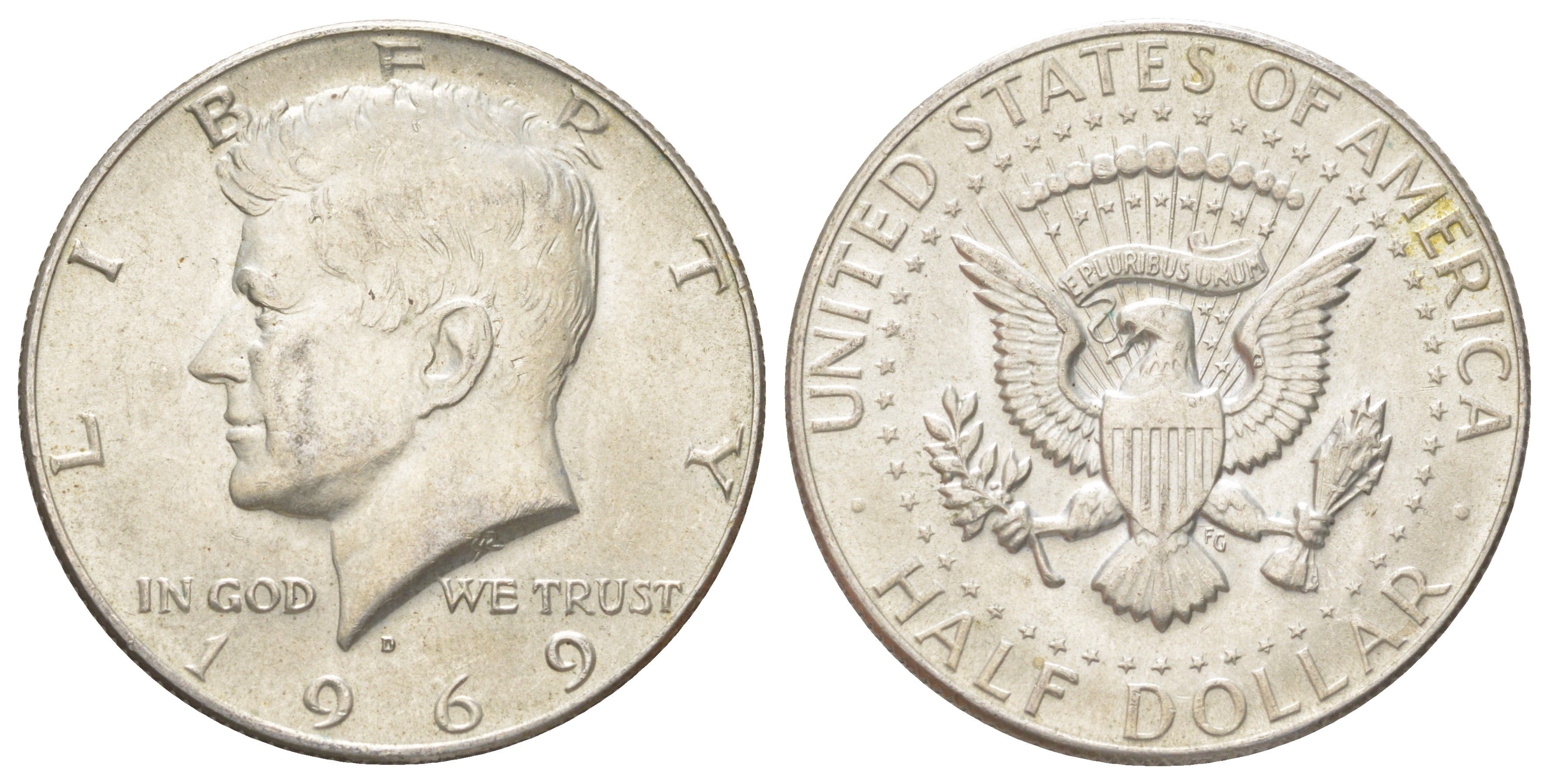 США 1/2 доллара (50 центов) 1969 D, Джон Кеннеди KM 202a серебро aUNC 4583-645