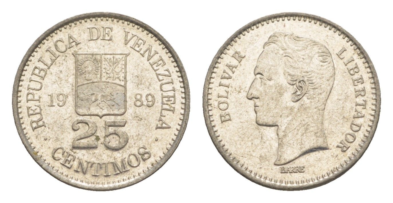 Венесуэла 25 сентимо 1989 Симон Боливар Y 50a сталь плакированная никелем 4580-853