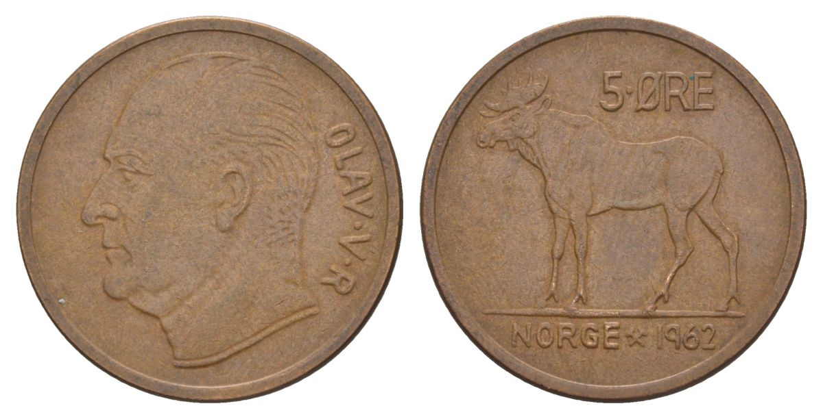 Норвегия 5 эре 1962 Улаф V (1957-1991) KM 405 бронза 4635-556
