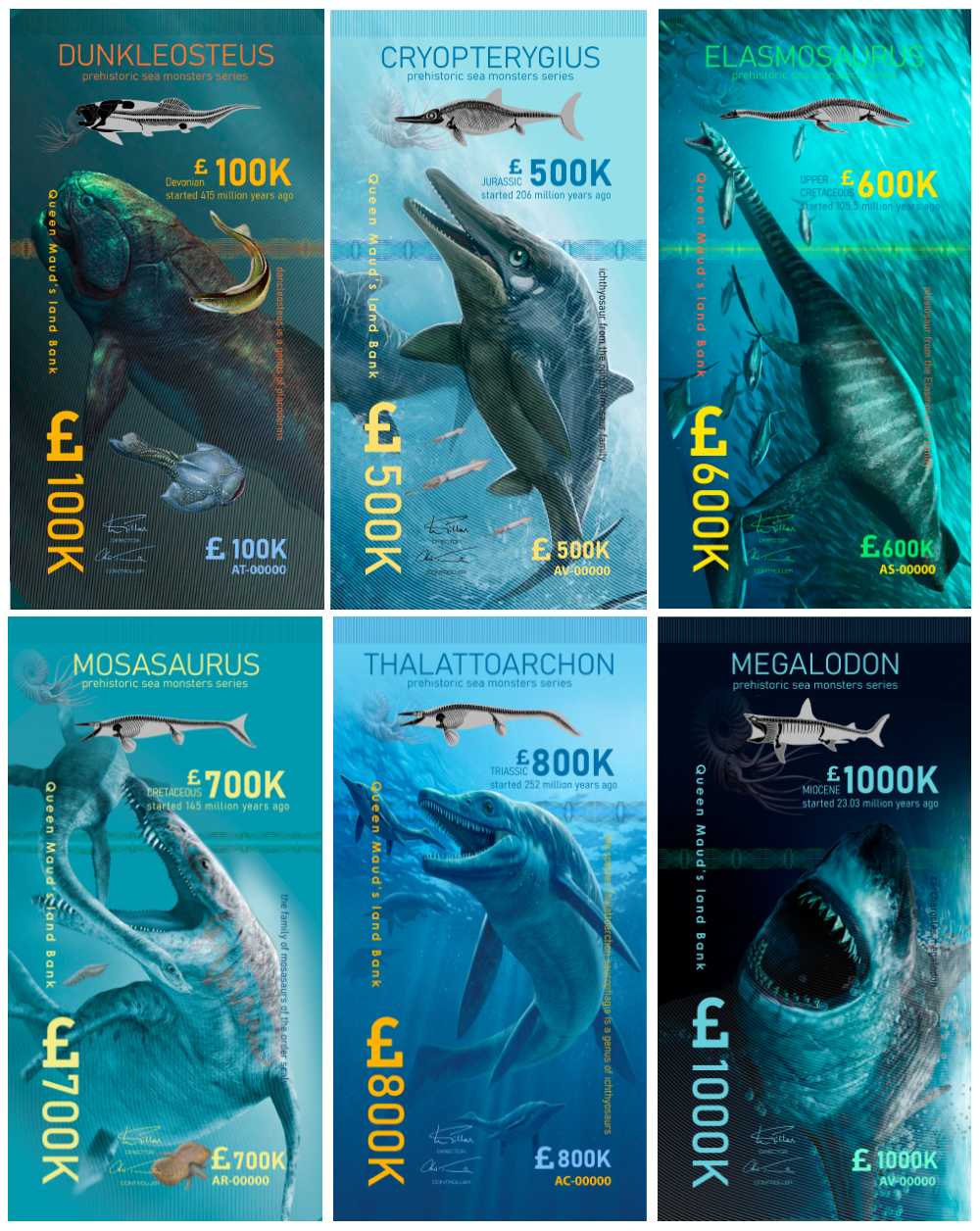 Земля Королевы Мод набор из 6 банкнот ND доисторические морские ящеры (динозавры)   полимерная бумага  UNC (пресс) 448-59-1