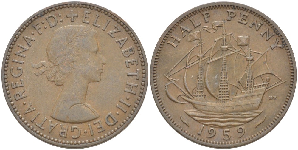 Великобритания 1/2 пенни 1959 Елизавета II (1952-2022) KM 896, Spink 4158 бронза 4544-123