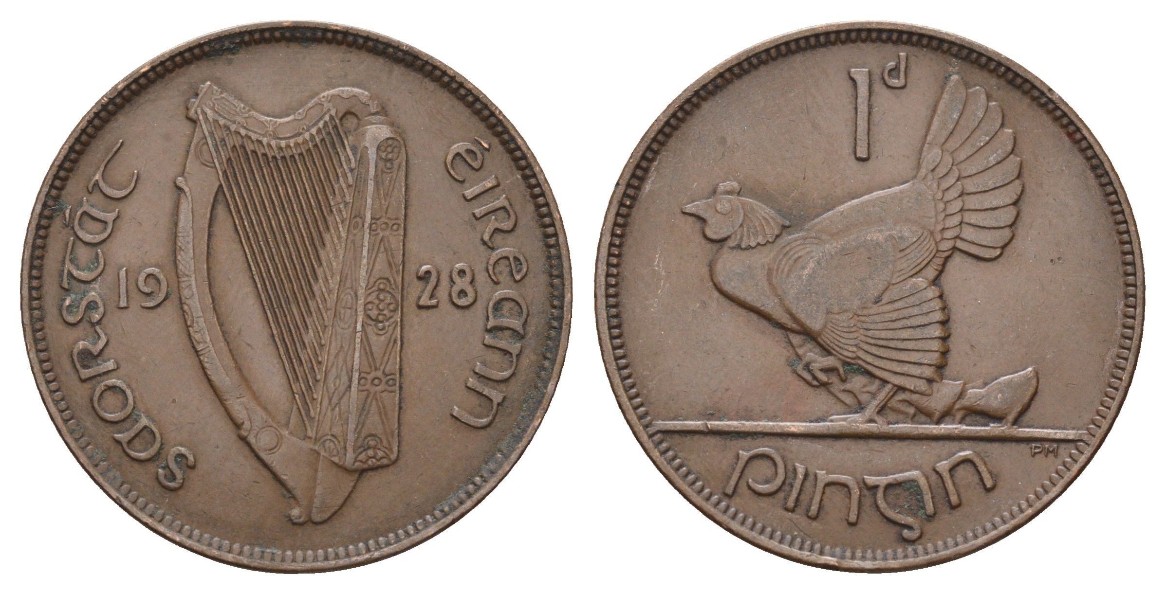 Ирландия 1 пенни 1928 курица с цыплятами KM 3 бронза 4517-622