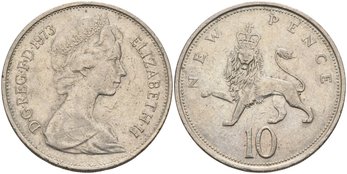 Великобритания 10 пенсов 1973 Елизавета II (1952-2022) KM 912, Spink 4231 (F1) медно-никель 4117-923