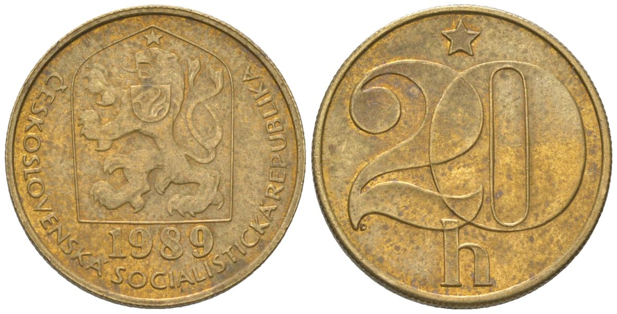 Чехословакия 20 геллеров 1989 KM 74 латунь 4115-949