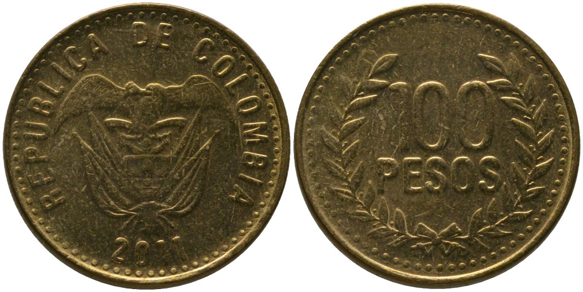 Колумбия 100 песо 2011 KM 285.2, Restrepo 445.12 латунь 4539-211