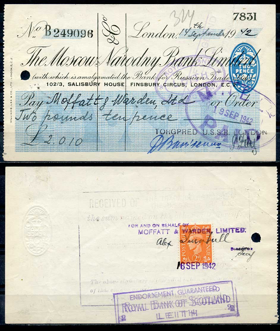СССР чек в 2 фунта 10 пенсов 1942 Московский Народный банк, оплаченный   бумага   2197-2-2-1