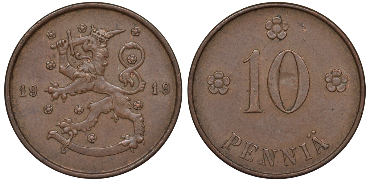Финляндия 10 пенни 1919 KM 24 медь 45-914