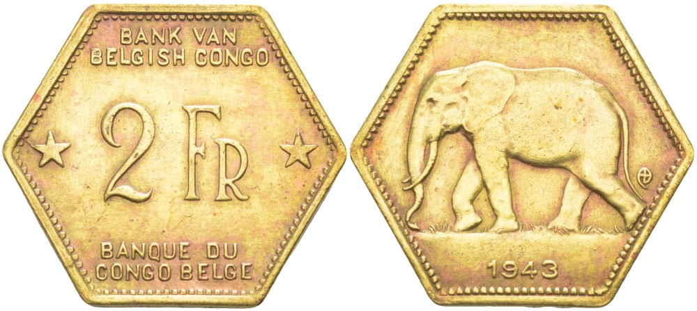 Бельгийское Конго 2 франка 1943 слон, шестиугольная, год тип KM 25 латунь 4541-954