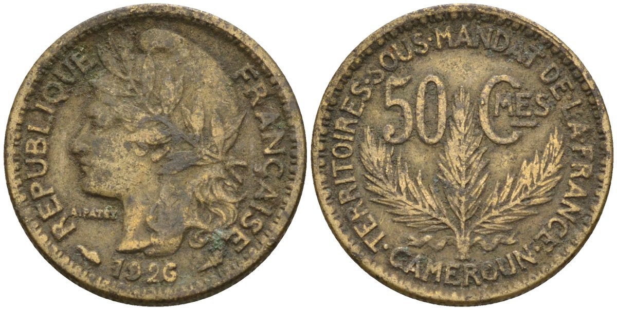 Камерун 50 сантимов 1926 (a), мондвор Париж KM 1 алюминиевая бронза 4164-1254