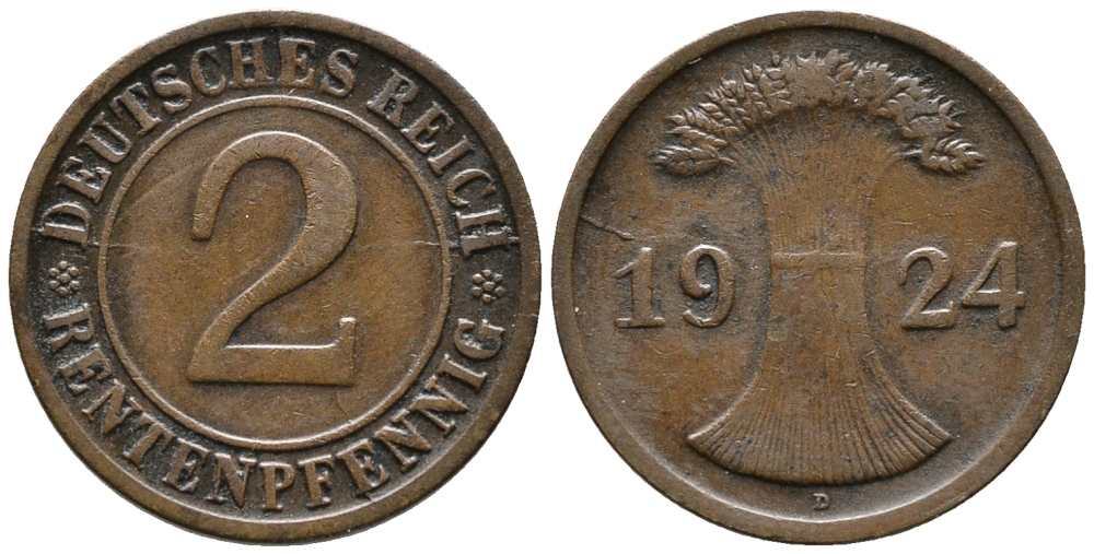 ГЕРМАНИЯ 2 РЕНТЕНПФЕННИГА 1924 D KM 31, J. 307 бронза 24-451