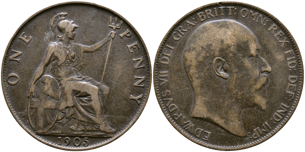 Великобритания 1 пенни 1905 Эдуард VII (1901-1910) KM 794.2, Spink 3990 бронза    4364-4043