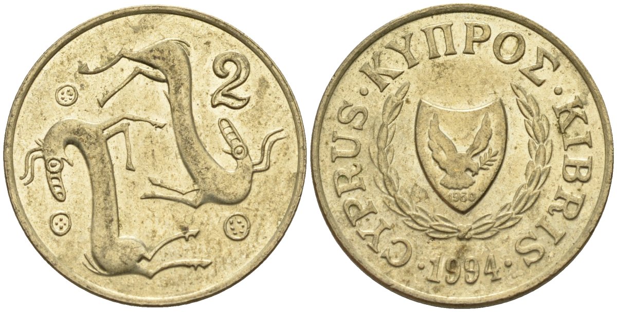 Кипр 2 цента 1994 KM 54.3 никель латунь 4596-113