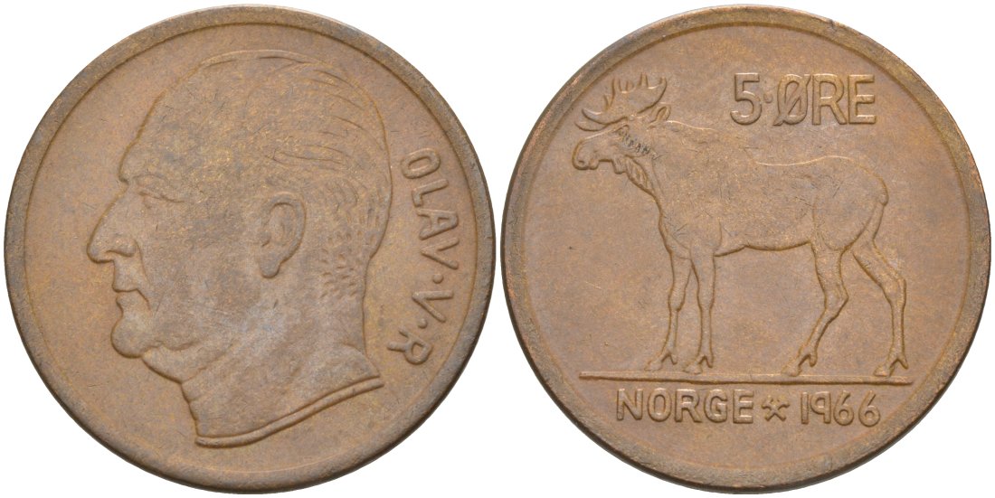 Норвегия 5 эре 1966 ОЛАВ V KM 405 бронза 4551-114