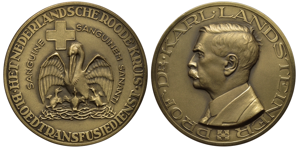 Нидерланды медаль ND профессор, доктор Карл Ландштейнер (1868-1943), лауреат Нобелевской премии, за открытие групп крови, нидерландское общество Красного креста, пеликан, диаметр 50 мм.  бронза 3-4-2-32