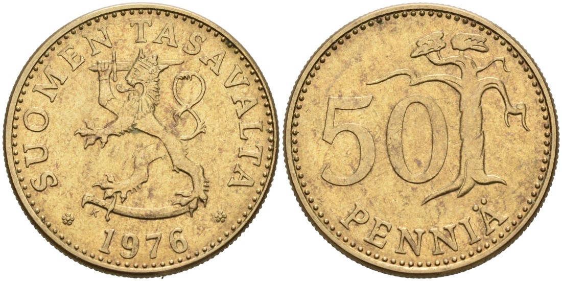 ФИНЛЯНДИЯ 50 ПЕННИ 1976 K KM 48 алюминиевая бронза 4563-432