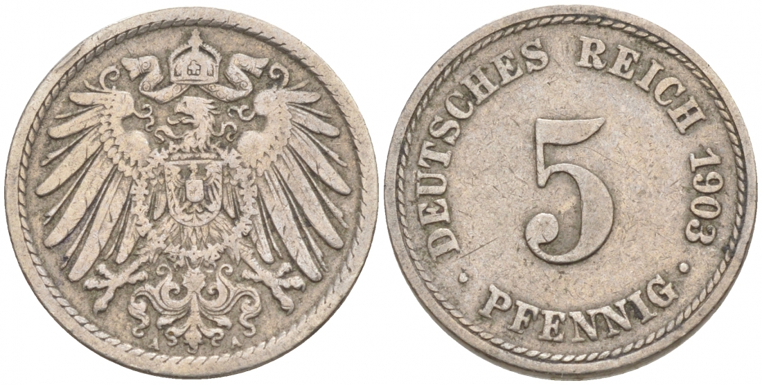 ГЕРМАНИЯ 5 ПФЕННИГОВ 1903 A, KM 11, J. 12 медно-никель 73-1737