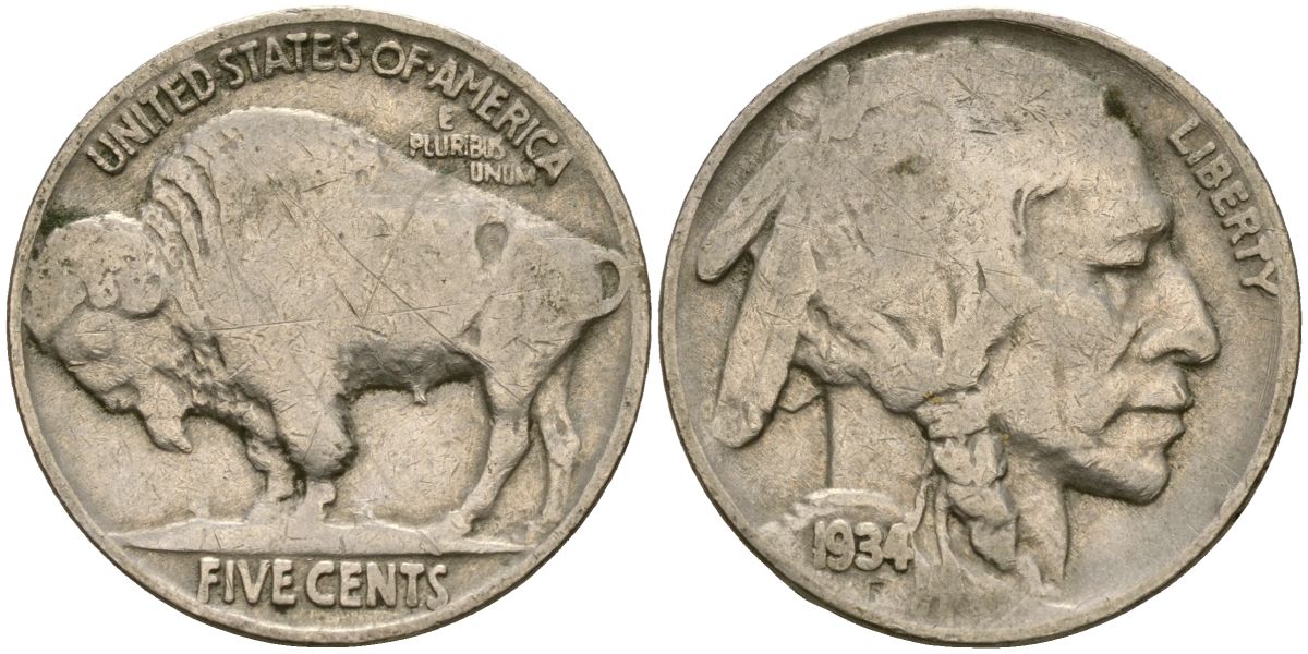 США 5 центов 1934 индеец, бизон KM 134 медно-никель 4525-1036