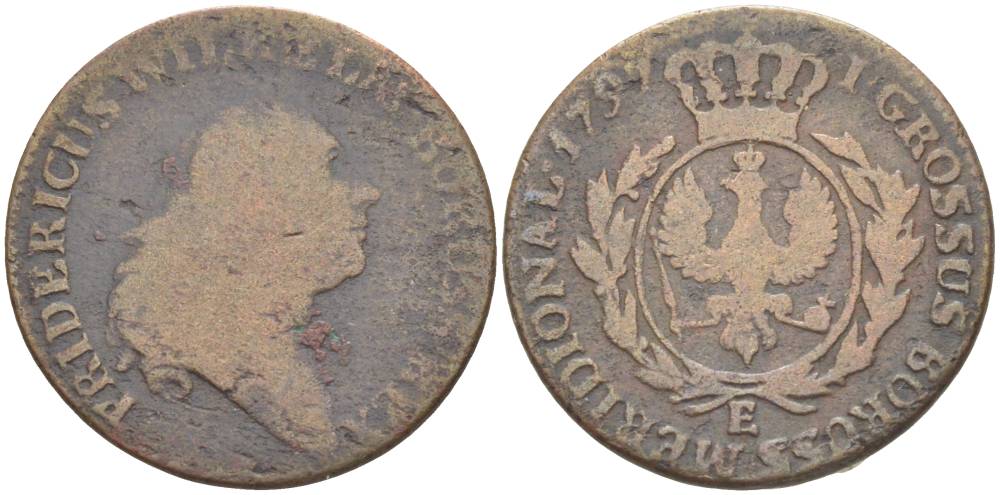 Польша, Южная Пруссия 1 грош 1797 Е, Фридрих Вильгельм II Прусский (1786-1797), монетный двор, вес 3,75 гр KM 3 медь 1517-835